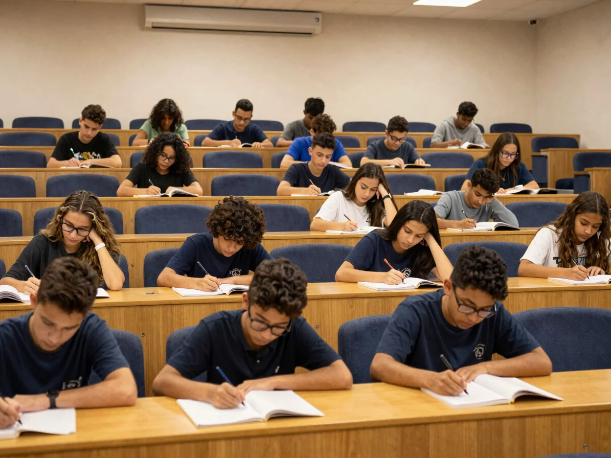 Estudantes em auditório acadêmico com iluminação quente de estudo, atenção concentrada, 35mm