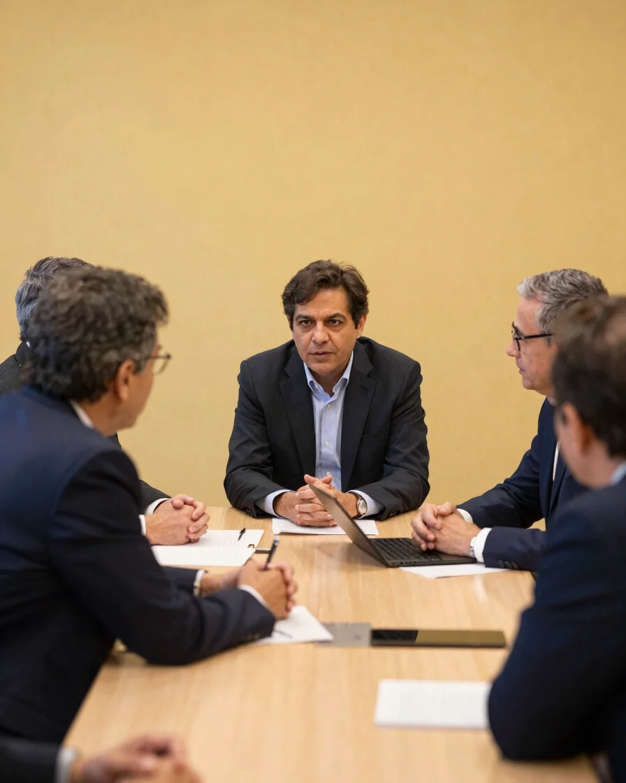 Warm editorial photography of leaders in quiet academic discussion around study tables, soft ambient lighting, 35mm lens